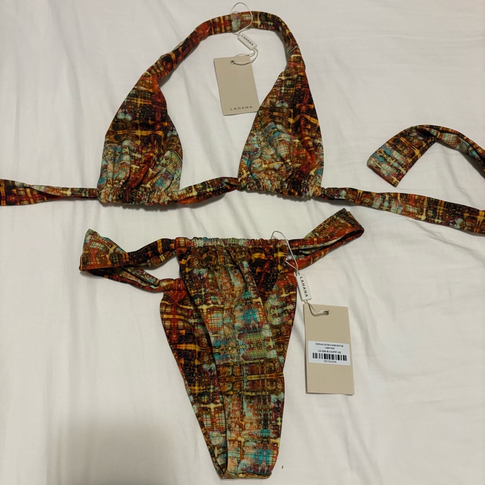 LAHANA SWIM Orange and Green Abstract Halter Bikini Set
